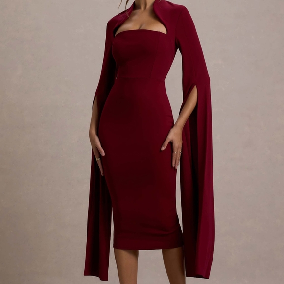 Berry Bodycon Cape-Sleeve Midi Dress - Picture 6 of 7